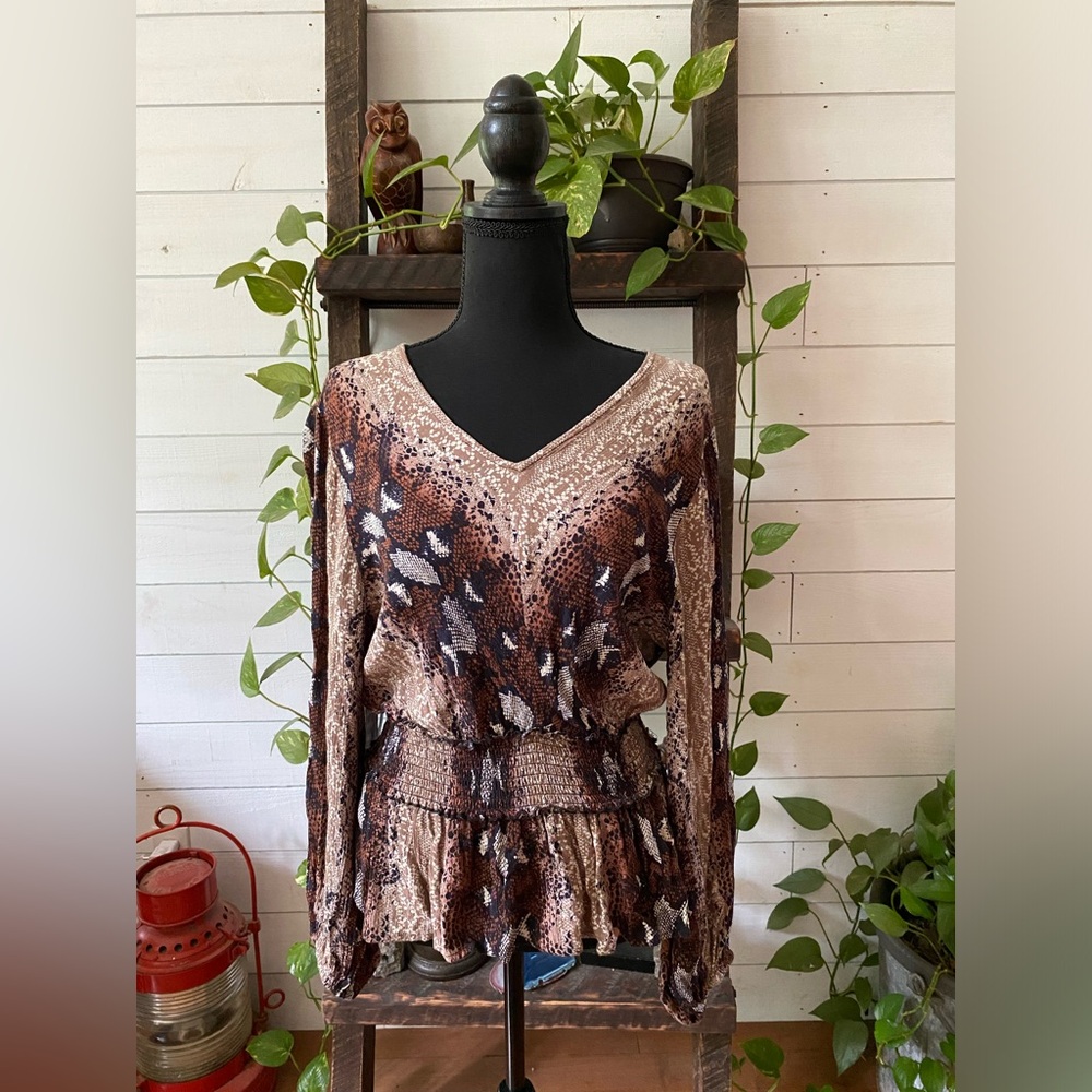 Angie: Brown, Black, Tan and White 100% Rayon Boho Snakeskin Blouse - Picture 8 of 17